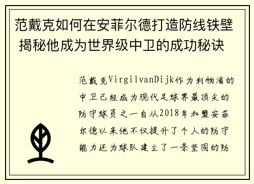 范戴克如何在安菲尔德打造防线铁壁 揭秘他成为世界级中卫的成功秘诀 范戴克如何在安菲尔德打造防线铁壁 揭秘他成为世界级中卫的成功秘诀